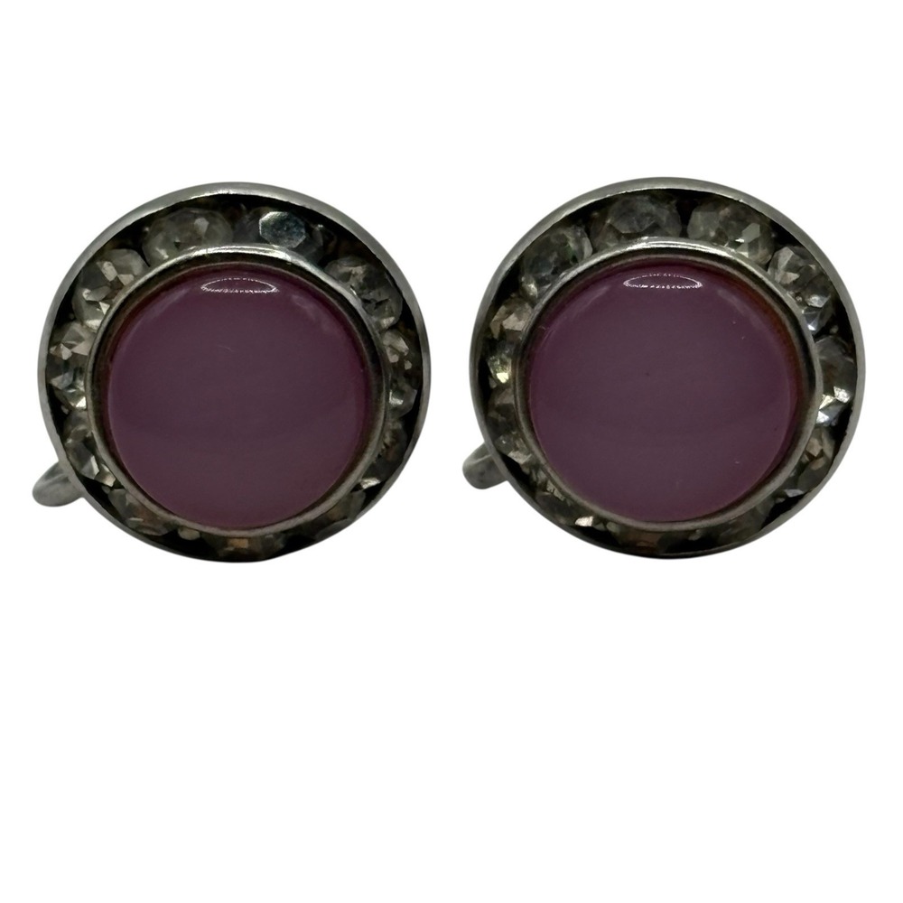 Pale Pink Vintage Earrings Round Crystal Rhinestone Frame Screw Back Silver Tone